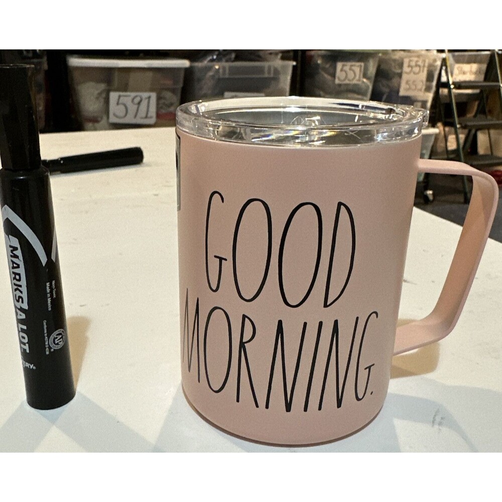 NEW Rae Dunn Stainless steel coffee Mug Handle Pink GOOD MORNING Lid 12 oz